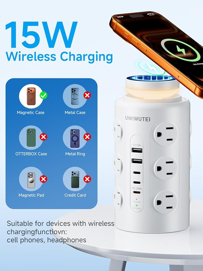 Tower Power Strip Surge Protector with Wireless Charging & Night Light - PD20W Fast Charging Station,12 Outlets, 5 USB (3 USB-C),1800J Protection, 10FT Extension Cord, Home Office Essentials(White)