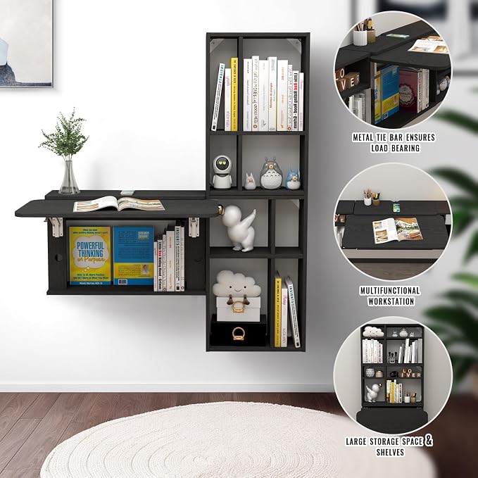 Floating Desk with Storage Shelves, 82'' Wall Mounted Desk Laptop Writing Study Table, Folding Drop Leaf Table, Multifunctional Computer Workstation for Narrow Small Space