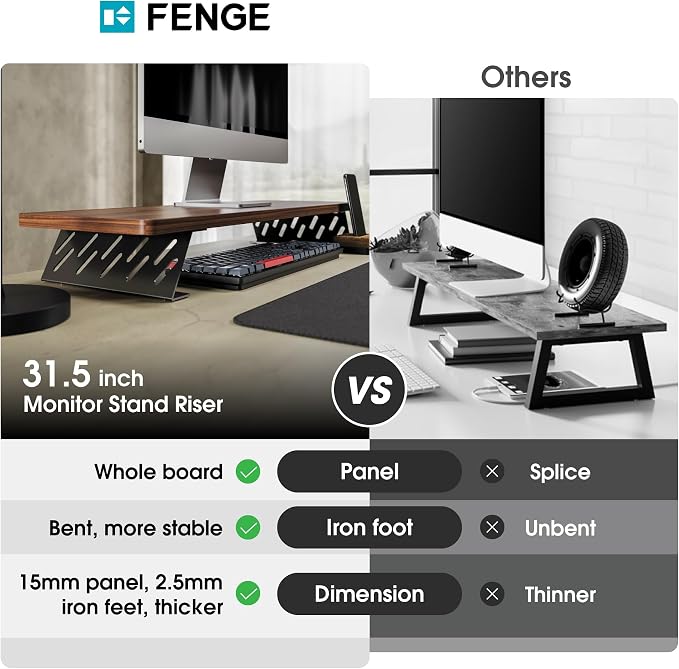 Fenge Monitor Stand Riser, 31.5 Inch Desk Top Shelf for 2 Monitors, Computer Stands for Desk, Wood & Steel Desktop Riser for Laptop, PC, Printer