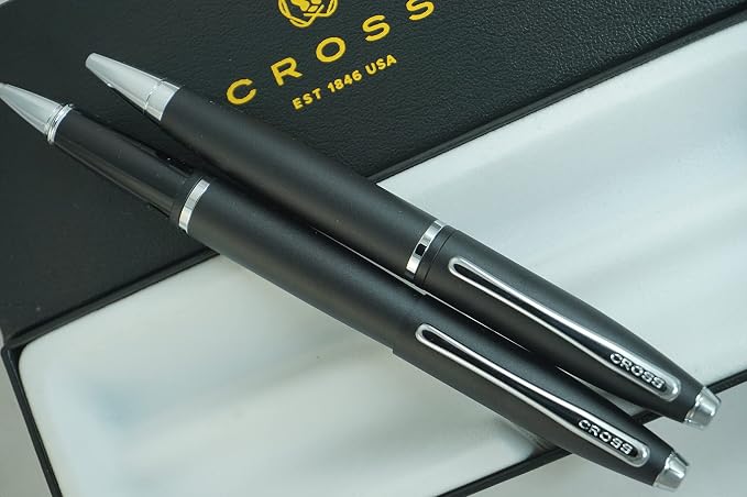 A.T. Cross Cross Matte Black Selectip Gel Ink Medium Point Calais Rollerball Pen and Ballpoint Pen Luxury gift Set