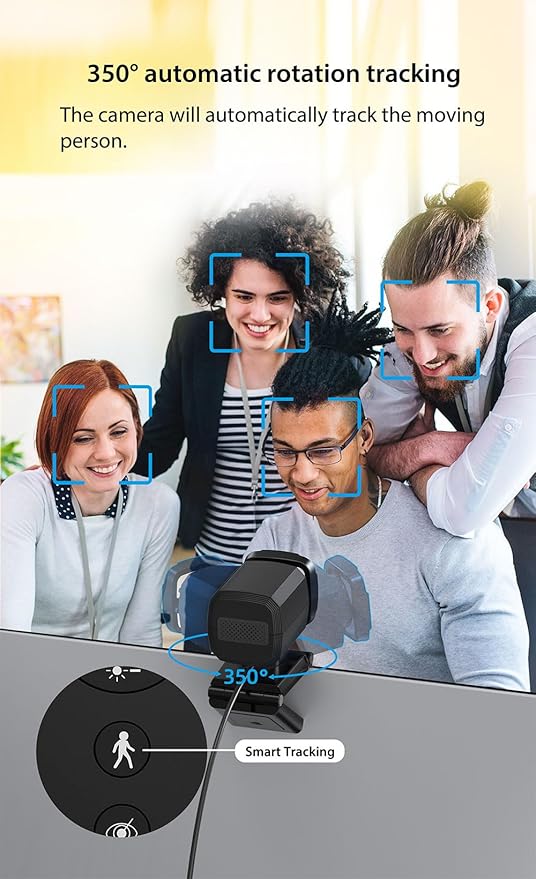 Webcam for PC, AI Auto Tracking, Remote Control, in-line Dual Noise Canceling Microphones, Full HD 1080P Video Calls, 73° Angle View, Privacy Shutter, USB Plug and Play, Low Light Correction