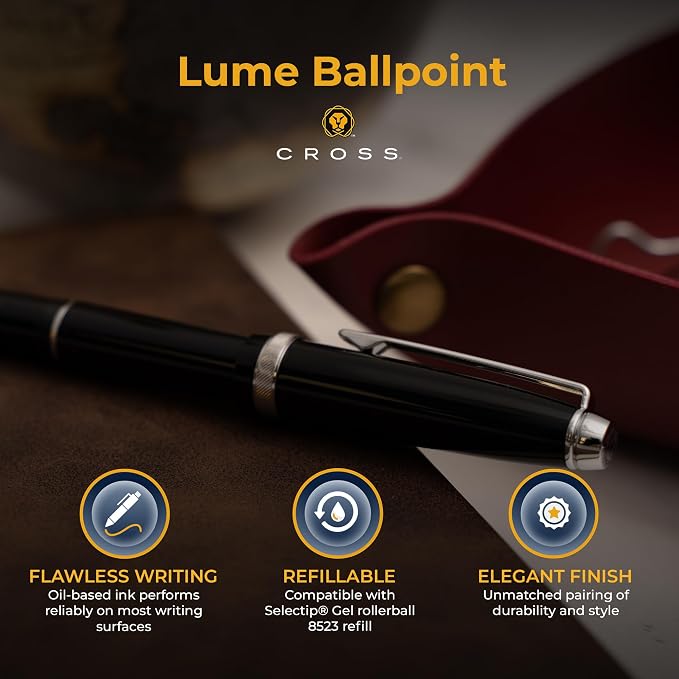 Cross Lume Engraved Ballpoint Pen, Obsidian Black Resin with Chrome Trim, Personalized Gift for Graduation, Career Advancement, Executives, and Groomsmen, Cross Gift Box Included