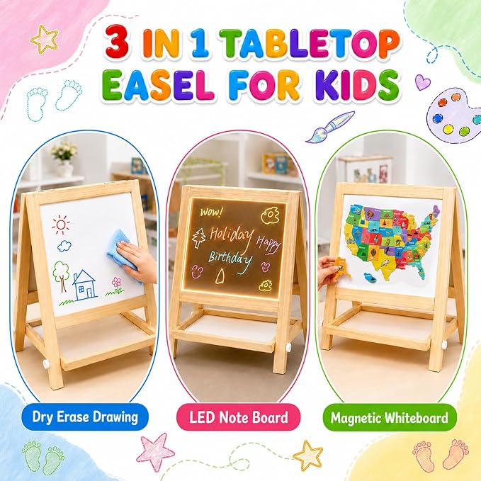 Magnetic Easel for Kids, Double-Sided LED Light Up Drawing Board Toddler | Wooden Tabletop Art Station with 7 Markers, US Map and Alphabet Number Magnets, Gift for Boys Girls 3-6