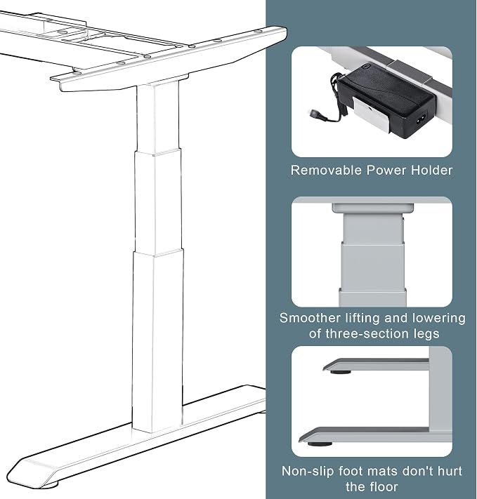 Fromann Electric Standing Desk Frame Dual Motor 3 Stages Height Adjustable Desk Legs with USB A+ C Ports Sit Stand up Desk Base for Home and Office (Grey)