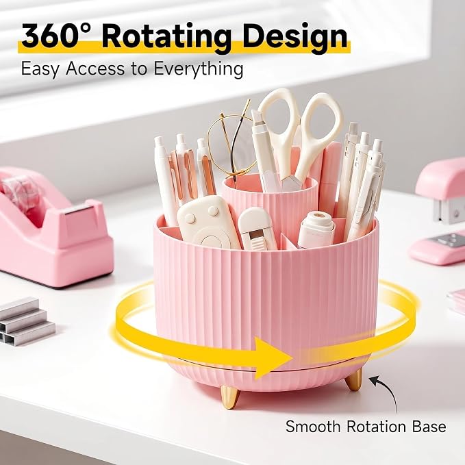 Office Supplies Set Rotating Pen Holder for Desk with Stapler Staple Remover Tape Dispenser,2pcs Tape Refills, Binder Paper Clips Kit, Scissor,Pen Ruler & Sticky Tabs,Pink Office School Supplies(Pink)