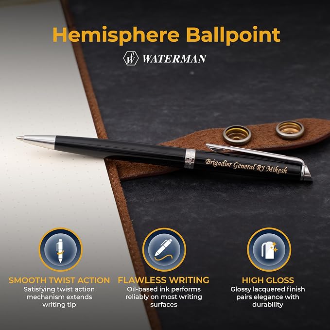 Waterman Hemisphere Ballpoint Pen, Glossy Black Lacquer with Chrome Trim, Personalized Laser Engraving, Mysterious Blue Ink, Waterman Gift Box, Graduation and Retirement Gift