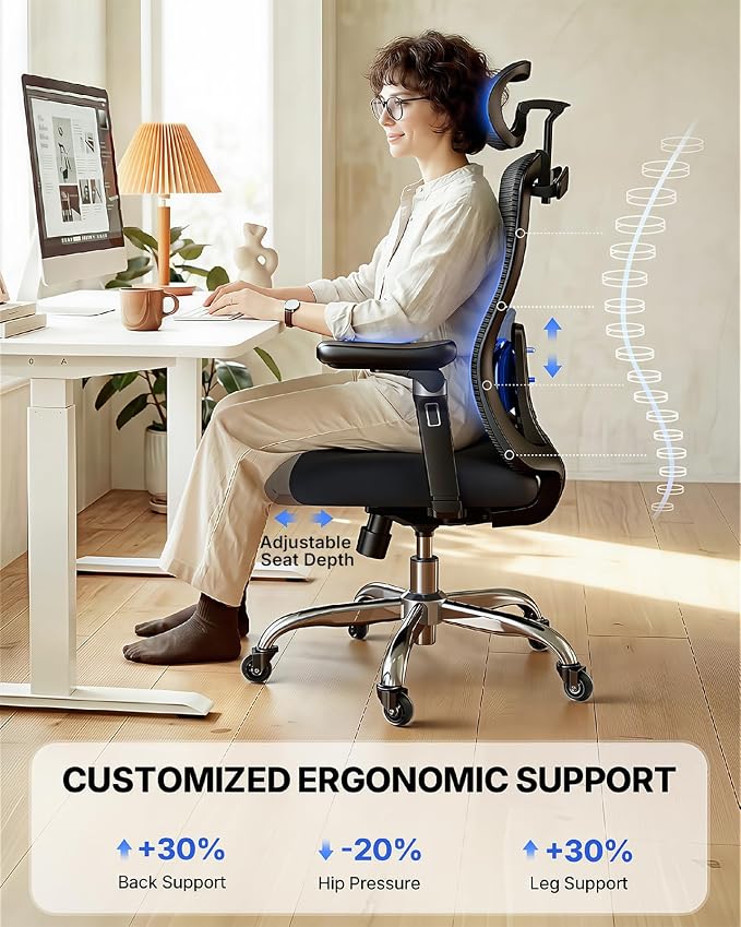 HUANUO Ergonomic Office Chair with 6D Armrest, Seat Depth Adjustment, Lumbar Support, Quiet Rubber Caster, High Back Mesh Gaming Chair with 3D Headrest, Big and Tall Chair for Home Office, Pack of 8
