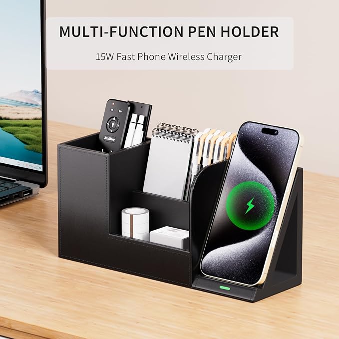 LADSTAG Pen Organizer with Phone Stand,Black Vegan Leather Desk Organizers with Remote Control Holder,Pencil Holder for Desk,Desk Organizer with Phone Charger for Office/Nightstand/Endtable