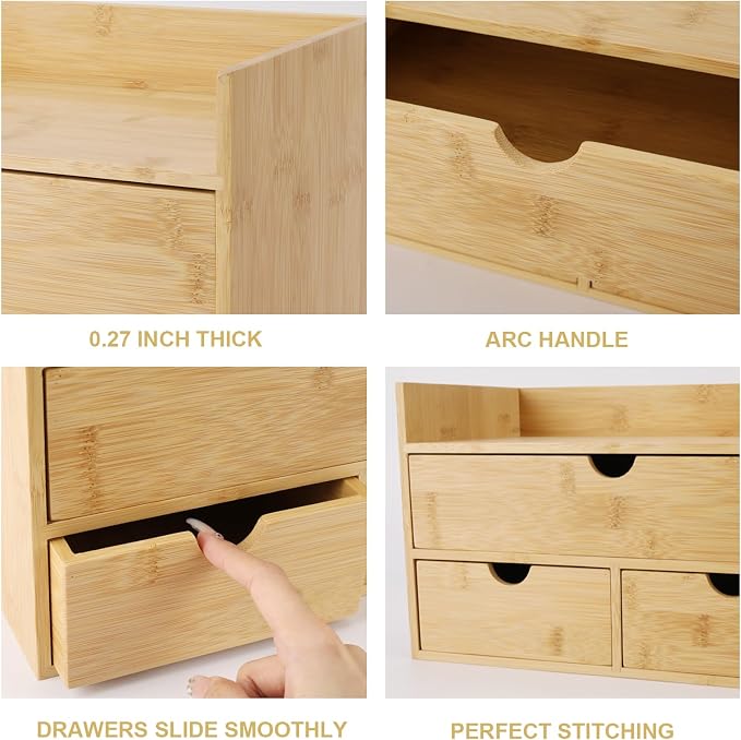 Charmewooden Bamboo Desk Organizer With Drawers Countertop Drawers Counter Storage Box Corner Desk Organizer for Home Office No Assembly Required (3 Drawers with shelf)