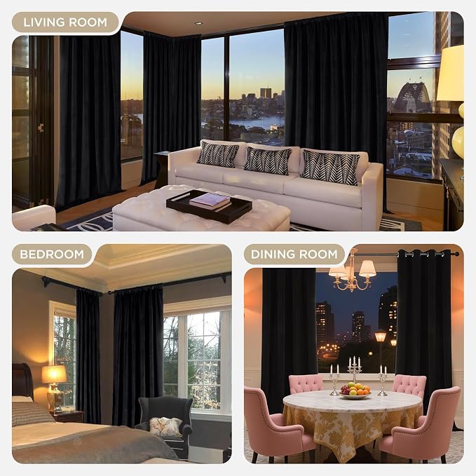 Joydeco Black 100% Blackout Curtains 96 Inch 2 Panels, Luxury Thermal Insulated Black Velvet Curtains for Bedroom Living Room, Soundproof Blackout Window Drapes, Rod Pocket & Back Tab (52W x 96L)