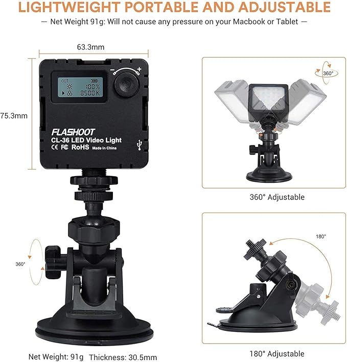 CL-36 Video Conference Lighting Kit,Mini LED Video Light for Remote Working,Video Conferencing,Zoom Calls, Broadcast, Live Streaming,Adjustable Laptop Video Light with Suction Cup