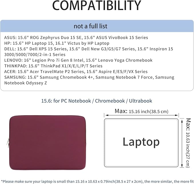 RAINYEAR 15.6 Inch Laptop Sleeve Protective Protective Case Soft Carrying Zipper Bag Cover Compatible with 15.6" Notebook Computer Ultrabook Chromebook (Red)