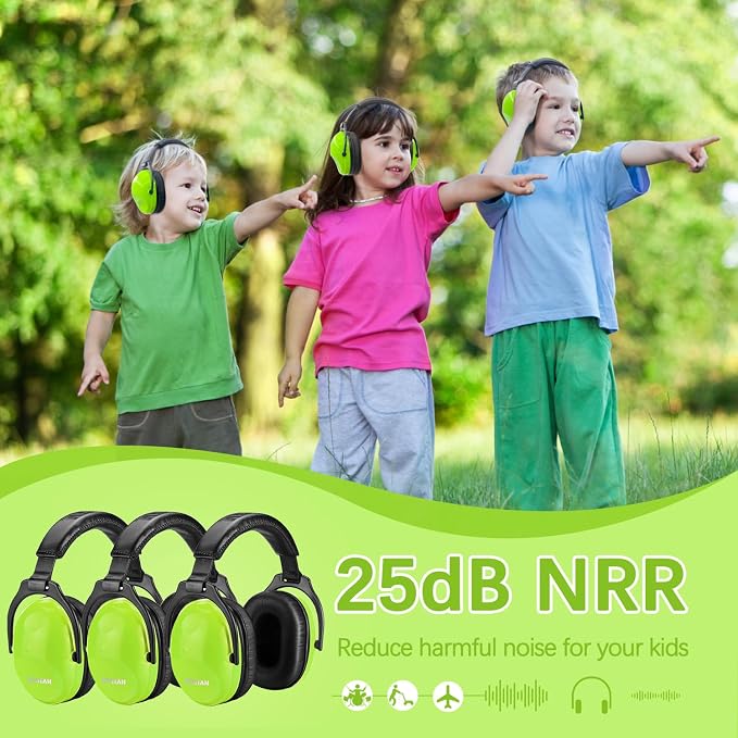 ZOHAN Kids Ear Protection 3 Pack, 25dB NRR Noise Cancelling Headphones for Kids, with Pillowy Pads, for Monster Truck, School, Autism, Sensory, Fireworks, Concerts, Events (Green*3)