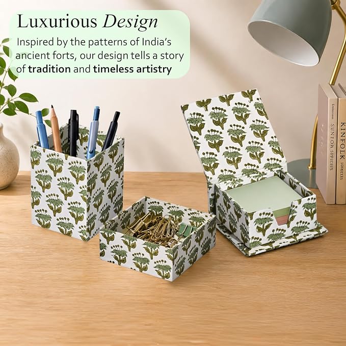 CPC Emerald Green Block Print Set of 3 Desk Organizer Pen And Sticky Note Holder Cute, Aesthetic, Decor accessories, workspace organizers, Caddy Storage, Gift for Office, Professionals, Student