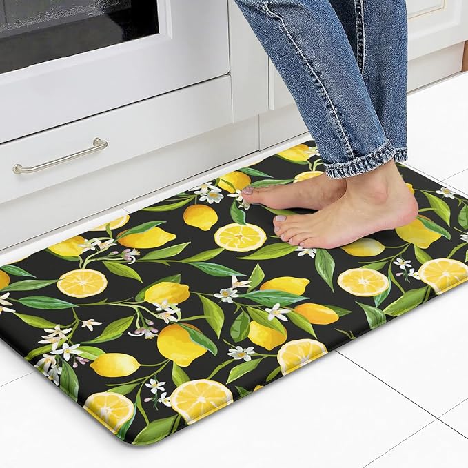Lemon Kitchen Decor Kitchen Mat, Cushioned Anti Fatigue, Non-Slip | Lemon Pattern,Cushioned Comfort,Non-Slip Backing,Waterproof Surface,Soft Underfoot,Easy Clean,Kitchen Sink,Laundry