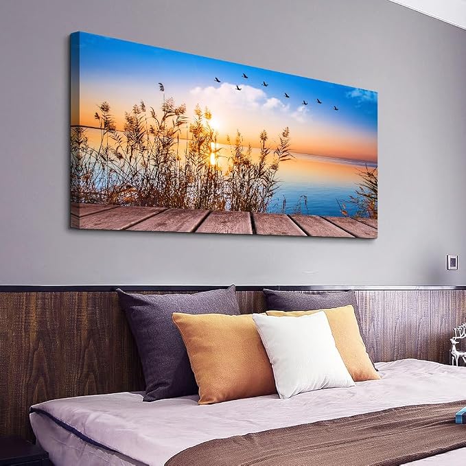 MHARTK66 Beach Wall Art Canvas Print Ocean Pictures Nature Artwork Wall Decor Seascape Painting Large Sunset Landscape Picture Modern for Living Room Bedroom Bathroom Office Home Decorations 30" x 60"
