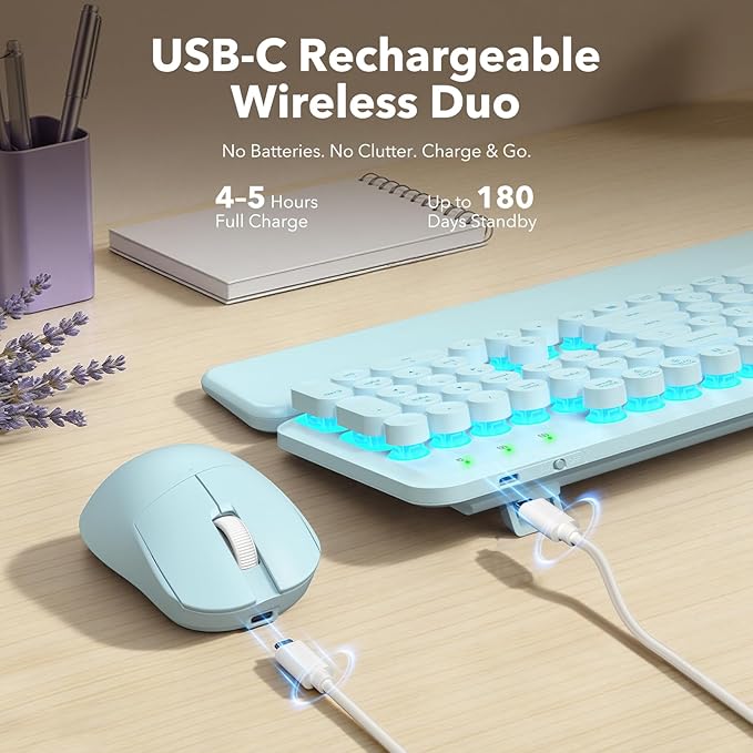 Wireless Keyboard and Mouse Combo, Backlit Round Keycaps, Retro Typewriter Keyboard with Detachable Wrist Rest, Rechargeable & Tilt Legs, 2.4GHz Cordless Connection for Windows/PC (Glowing Blue)