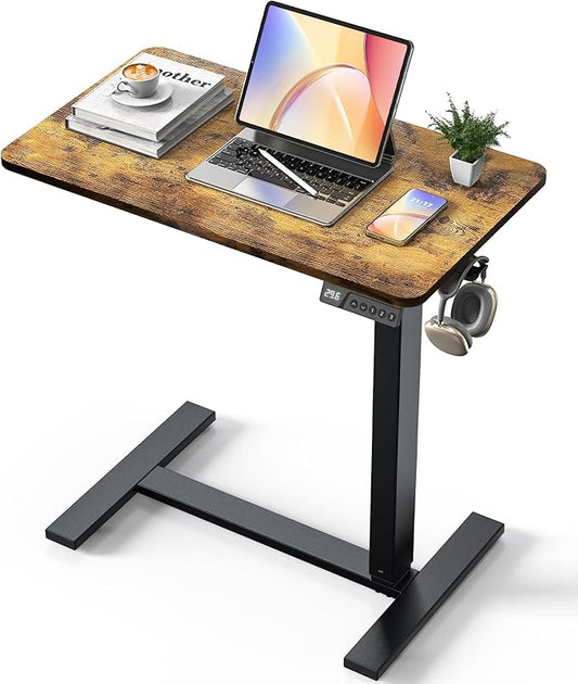 28"x16" Electric Overbed Table, Laptop Desk for Bed, Rustic Brown | Height Adjustable Bedside Desk with Hidden Wheels, Mobile Standing Desk for Sofa, Home Office & Hospital Use