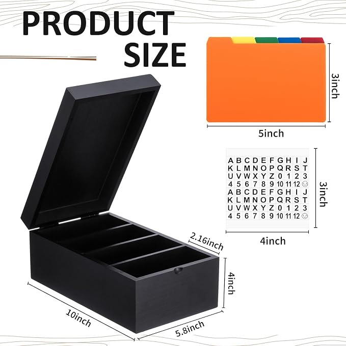 3 x 5 Inch Index Card Holder Set, Bamboo Organizer Box with 50 Dividers & 2 Sheets Alphabet Number Stickers File Note Holders, Holds 1200 Cards for Office Business Home Kitchen, Black