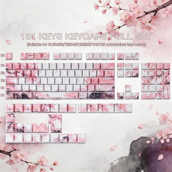 Tsungup PBT Keycaps Cherry Blossom Keycap Set - Custom Landscape Painting Sakura Pink Keycaps,131 Keys Side Print Key caps Cherry Profile Keyboard Key caps for Mechanical Keyboards
