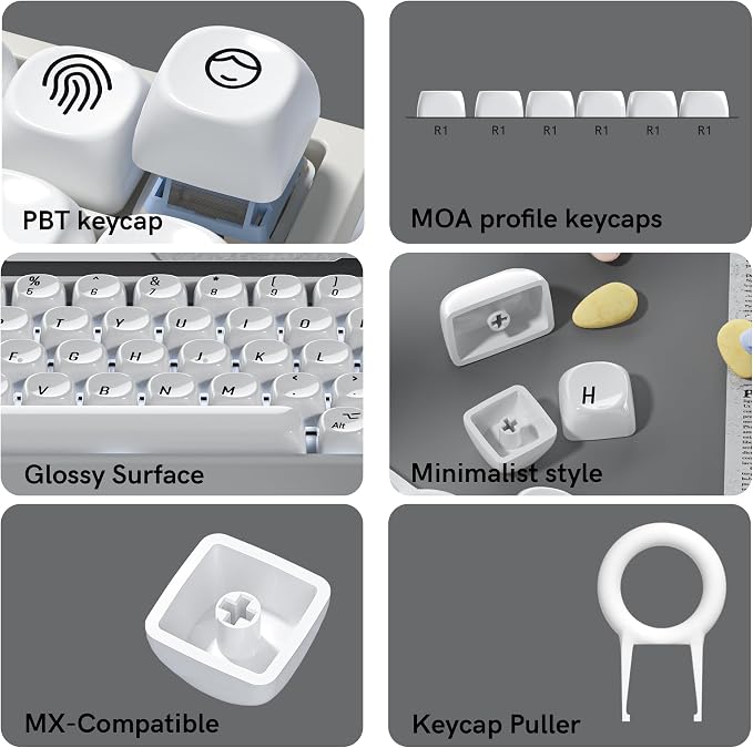 dagaladoo White PBT Keycap Set,Glossy Custom Keycaps Ceramic Style, Dye Sublimation Keyboard Key caps 131-key,MOA Profile Keycaps for 100% 75% 65% 60% TKL US Layout Mechanical Keyboard