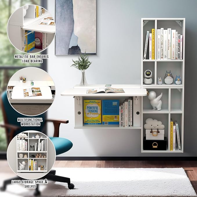 Floating Desk with Storage Shelves, 81'' Wall Mounted Desk Laptop Writing Study Table, Folding Drop Leaf Table, Multifunctional Computer Workstation for Narrow Small Space
