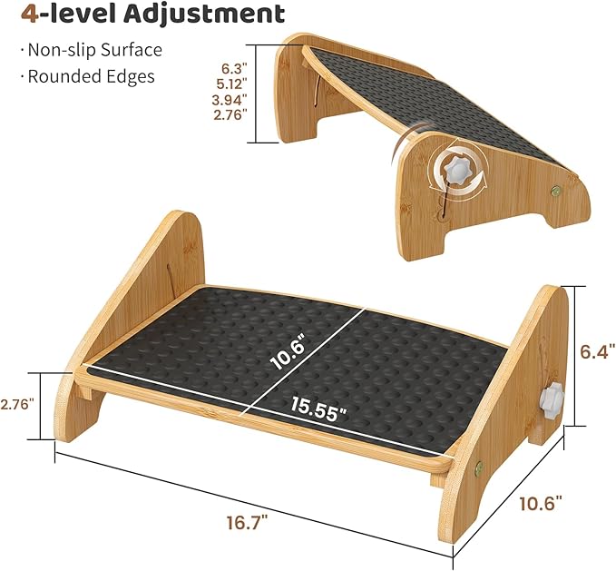 Adjustable Under Desk Footrest-Bamboo 4-Position Ergonomic Office Foot Stool with Large Non-Slip Surface, Improves Posture for Home,Office & Computer Desk Use