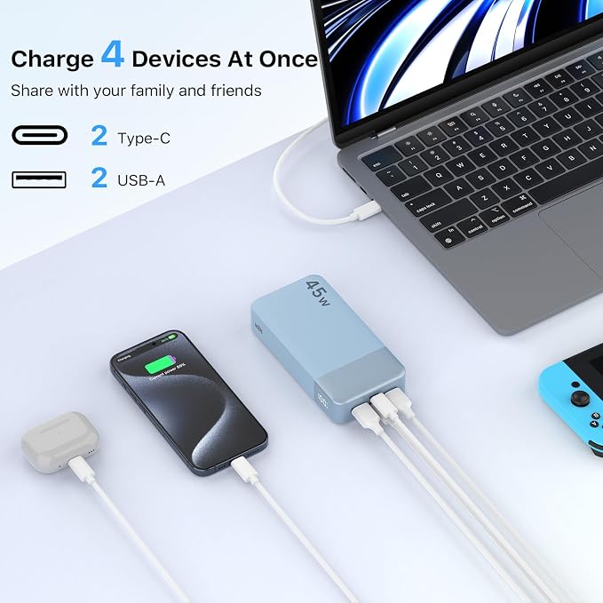 NOBIS Portable Charger, 20000mAh Power Bank, 45W Power Bank Fast Charging, Battery Pack with C to C Cable, Battery Bank with Digital Display for iPhone Android Laptop et(Light Blue)