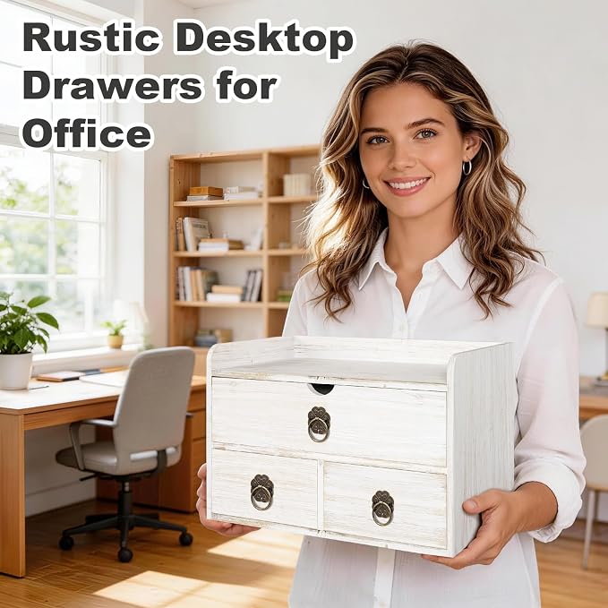 Wood Desk Organizer with Drawer, White Wooden Desktop Organizer, Tabletop Storage Organization Box for Countertop, Home Office Supplies, 13.5x6.6x8.2 Inch(3 Drawer and Shelf)