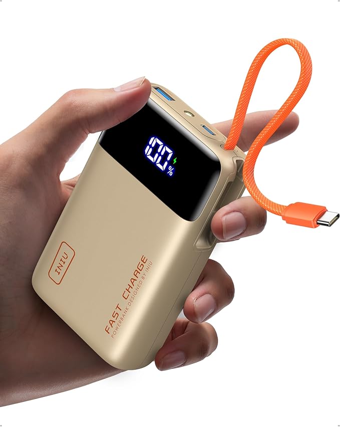 INIU 20000mAh Power Bank, Small 45W PD Fast Charging Portable Charger with Built-in USB C Cable, Flight-Safe Travel External Phone Battery Pack for Women, Girls, Daily Commute, Gift, Beige