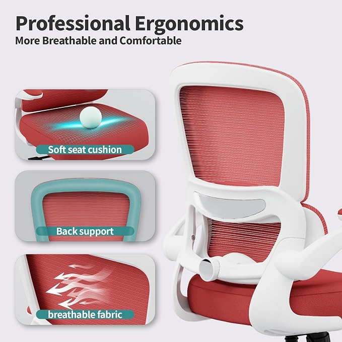 TRALT Office Chair - Ergonomic Desk Chair with Adjustable Lumbar Support, Mesh Computer Chair, Executive Chairs for Home Office Comfortable Lumbar Support (White Red)