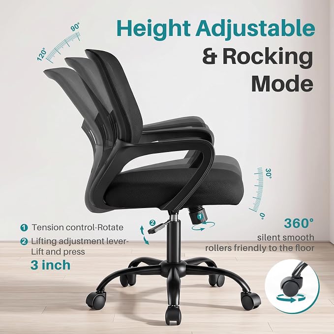 OLIXIS Ergonomic Office Desk Chair, Executive Mid-Back Computer Chair with Comfortable Lumbar Support & Rocking Mode, Height Adjustable with Fixed Armrest, 360° Swivel, for Adults, Black
