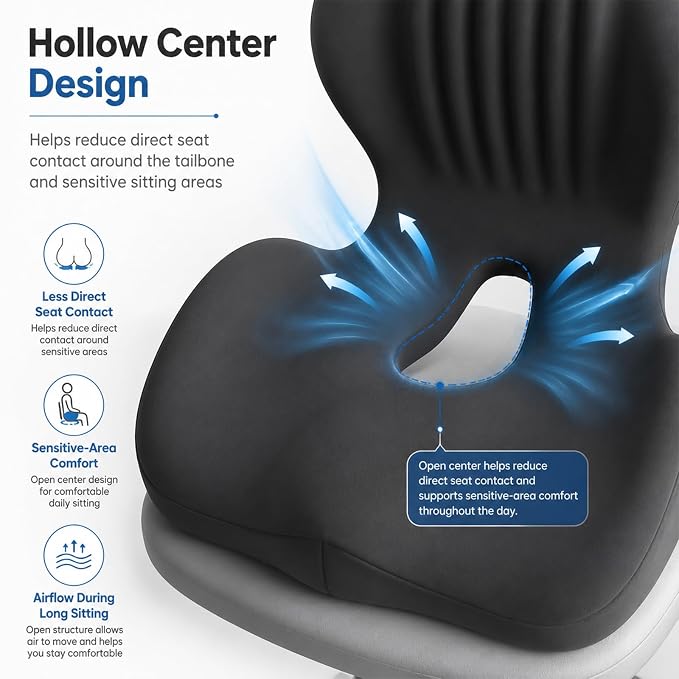 2-in-1 Ergonomic Seat Cushion with Lumbar Support, L-Shaped Memory Foam Chair Cushion with Hollow Center, Five-Zone Sitting Support for Office Chair, Car, Truck, Gaming, Wheelchair, Long Sitting
