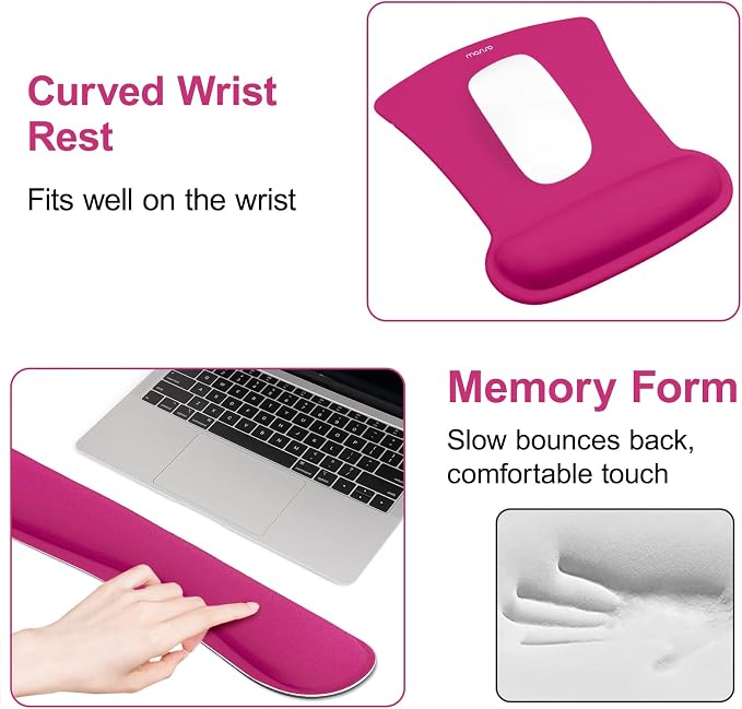 MOSISO Wrist Rest Support for Mouse Pad & Keyboard Set, Ergonomic Mousepad Non-Slip Base Home/Office Pain Relief & Easy Typing Cushion with Neoprene Cloth & Raised Memory Foam, Rose Red