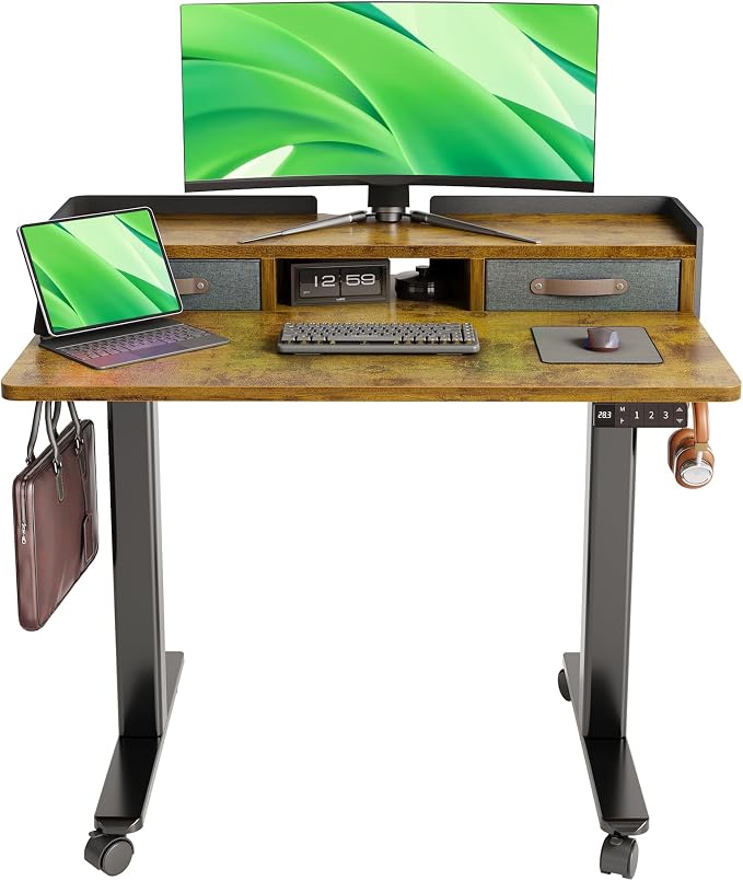Claiks Standing Desk with Drawers & Wheels, 2 Height Shelf 40" Rustic Brown | 2 height adjust shelf, tabletop drawers, felt fence design, sturdy supports 176 lbs, 4 wheels, 2 tire monitor stand