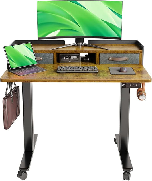 Claiks Standing Desk with Drawers & Wheels, 2 Height Shelf 40" Rustic Brown | 2 height adjust shelf, tabletop drawers, felt fence design, sturdy supports 176 lbs, 4 wheels, 2 tire monitor stand