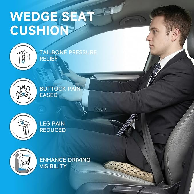 Livtribe Car Seat Cushion - Memory Foam Seat Pad for Sciatica & Lower Back Pain Relief - Driving Cushion with Breathable Mesh Cover - Road Trip Essentials for Drivers (3D Beige)