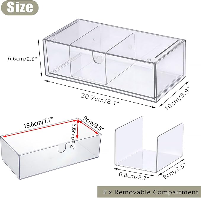 Acrylic Pencil Drawer with Removable Dividers Clear Pull Out Pen Drawer Organizer Stackable Bathroom Organizer for Makeup, Cosmetics, Office Supplies,3 Pack
