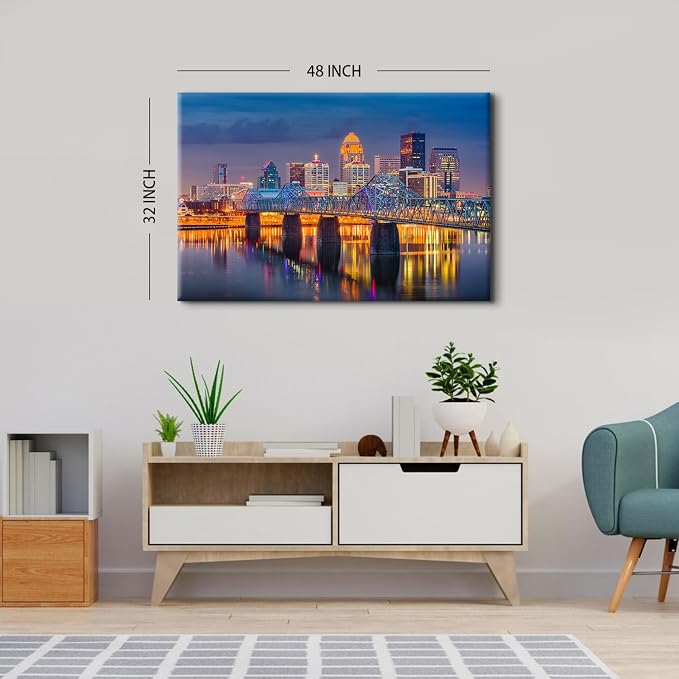 Large USA Downtown Colorful Night Cityscape Canvas Wall Art Louisville Kentucky Build Scenery Pictures Wall Decor Bathroom Modern Bridge Landscape Poster Prints Painting Artwork Home Decoration 32x48"
