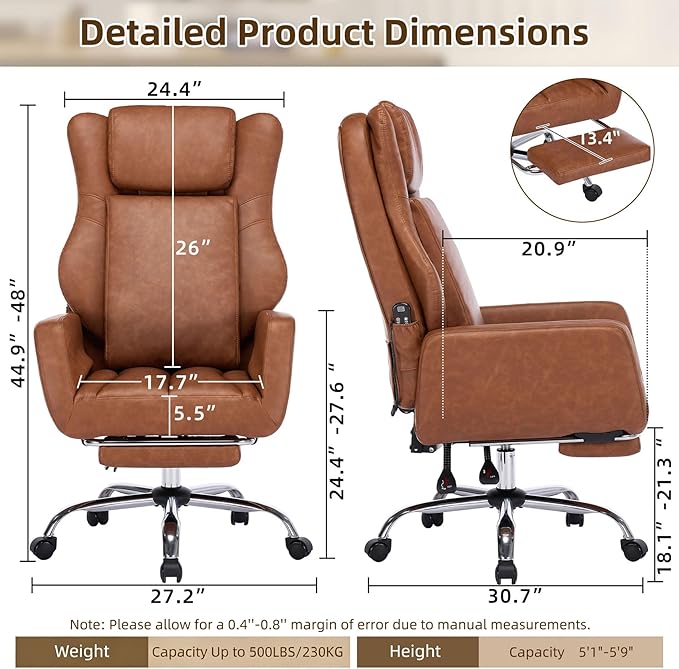DYHOME Brown Leather Office Chair with Massage and Footrest, Heavy Duty Task Desk Chairs, Swivel Ergonomic Computer Gaming Chairs with Lumbar Support, Wheels Flip-up Arms Adjustable Height