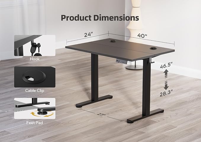 YDN Electric Standing Desk, 40 x 24 Inches Adjustable Height Stand up Desk with Cable Management, Home Office Desks with Splice Board & Frame, Black Top