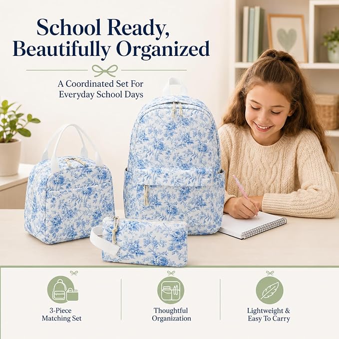 Bluboon Teens Backpack Set Girls School Backpack Lunch Box Pencil Bags Student Bookbags 3 in 1 (Blue Toile Floral 231)