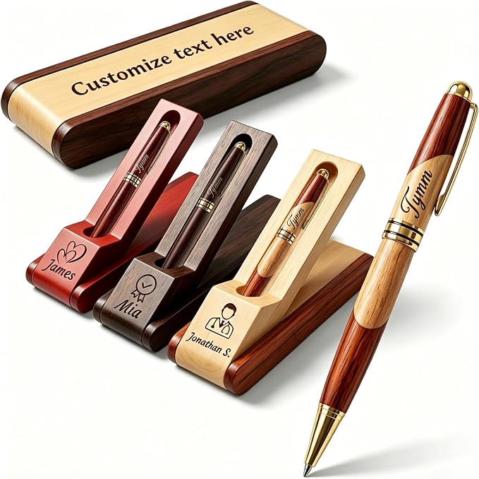 ZFN Custom Wooden Ballpoint Pen Set—personalized engraving names text logos for men mentors friends lawyers doctors teachers students (Beech wood color)