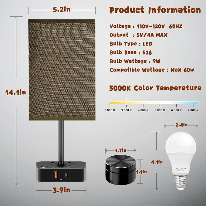 cozoo Bedside Table Lamp for Bedroom, 3 Way Dimmable & Remote Control Stepless Dimming Touch Nightstand Lamp, 2 USB Ports and 2 AC Outlets, Small Desk Light for Living Room, Bed, Study, Brown