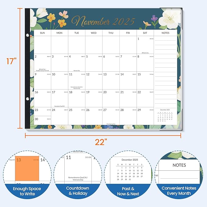 SUNEE Desk Calendar 2026 Large 22x17 from October 2025 to March 2027, Extra Large Desktop Monthly Calendar Pad 18 Months For Teacher or Family, Desk Top, Floral