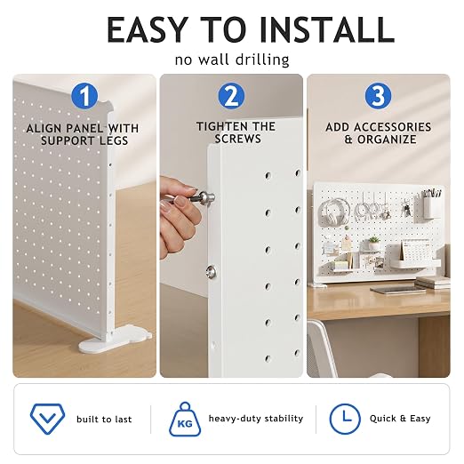 White Metal Pegboard Desk Organizer, 23.62 x 15.75 in with Hooks | Standing or wall-mounted metal panel with hooks, shelves, cup and holders for office, bedroom, craft room and desk storage
