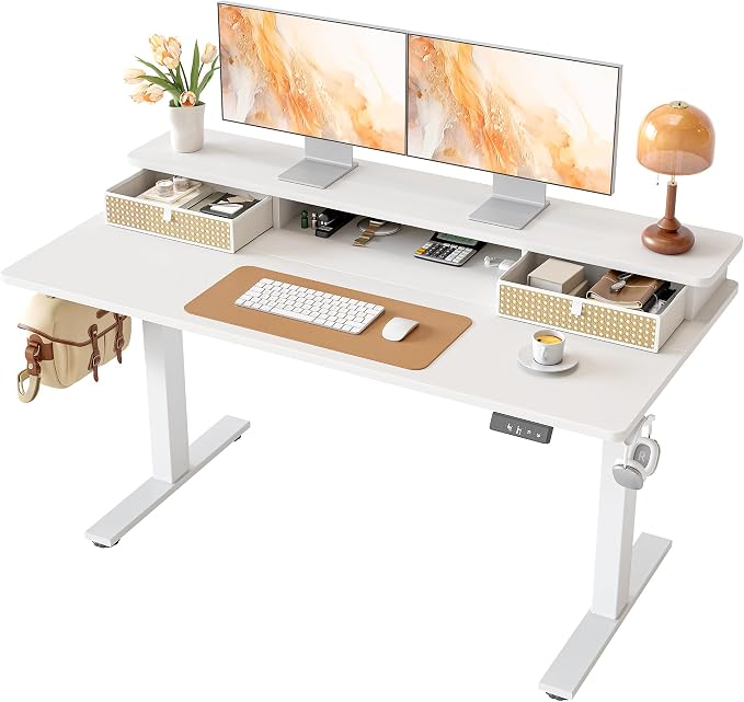 TIQLAB Standing Desk with Two Drawers, Stand Up Standing Desk Adjustable Height, Electric Sit Stand Table with Storage Shelf and Splice Board, 55 * 24 inch, White Wicker