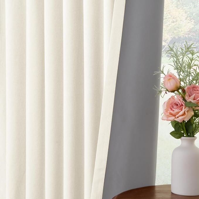INOVADAY 100% Blackout Curtains for Bedroom, Black Out Curtains 108 Inch Long, Clip Rings Linen Blackout Drapes, Thermal Insulated Room Darkening for Living Room, 2 Panels - Lightcream,W50xL108