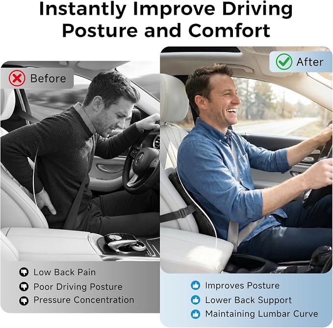 Lumbar Support Pillow for Car & Office Chair - High-Density Memory Foam Back Cushion for Sciatica & Lower Back Pain Relief - Non-Slip Support for Long Commutes & Desk Workers (4D Mesh Black)