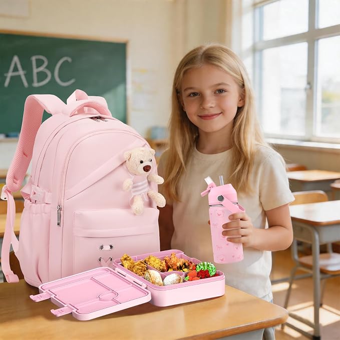 ACESAK Girls Backpack for School Set - 5 PCS Cute Girls Backpack with Lunch Box, Pencil Case, Bento Box & Insulated Water Bottle - Kawaii Casual Kids Bookbag Set Back to School Supplies (Pink)